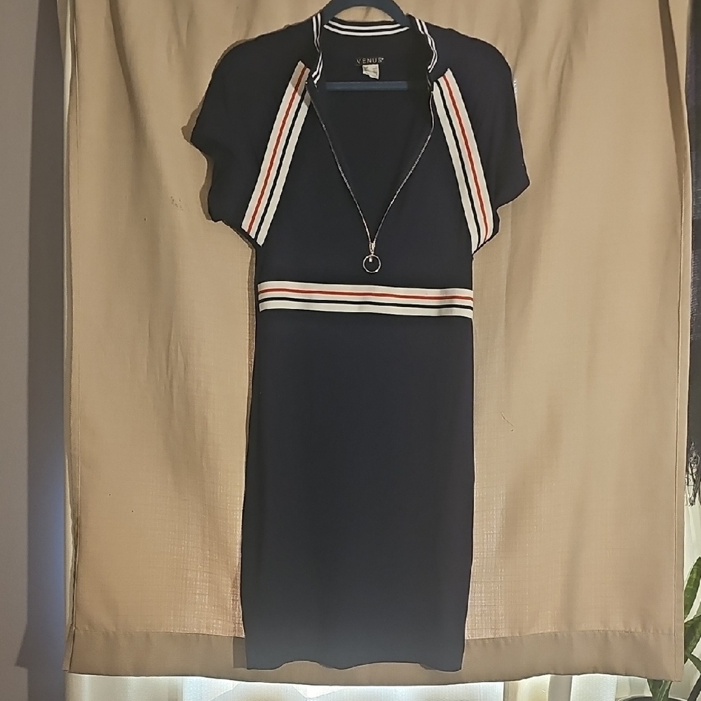 VENUS Navy Dress with Striped Accents